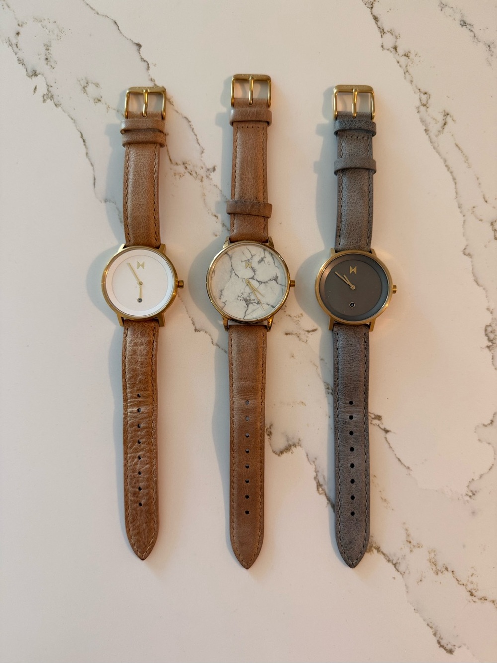 MVMT Gold Case Watch Trio with Brown and Gray Leather Straps